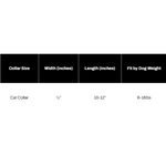 A black-and-white sizing chart for a cat collar, showing collar size, width in inches, length in inches, and fit by dog weight.