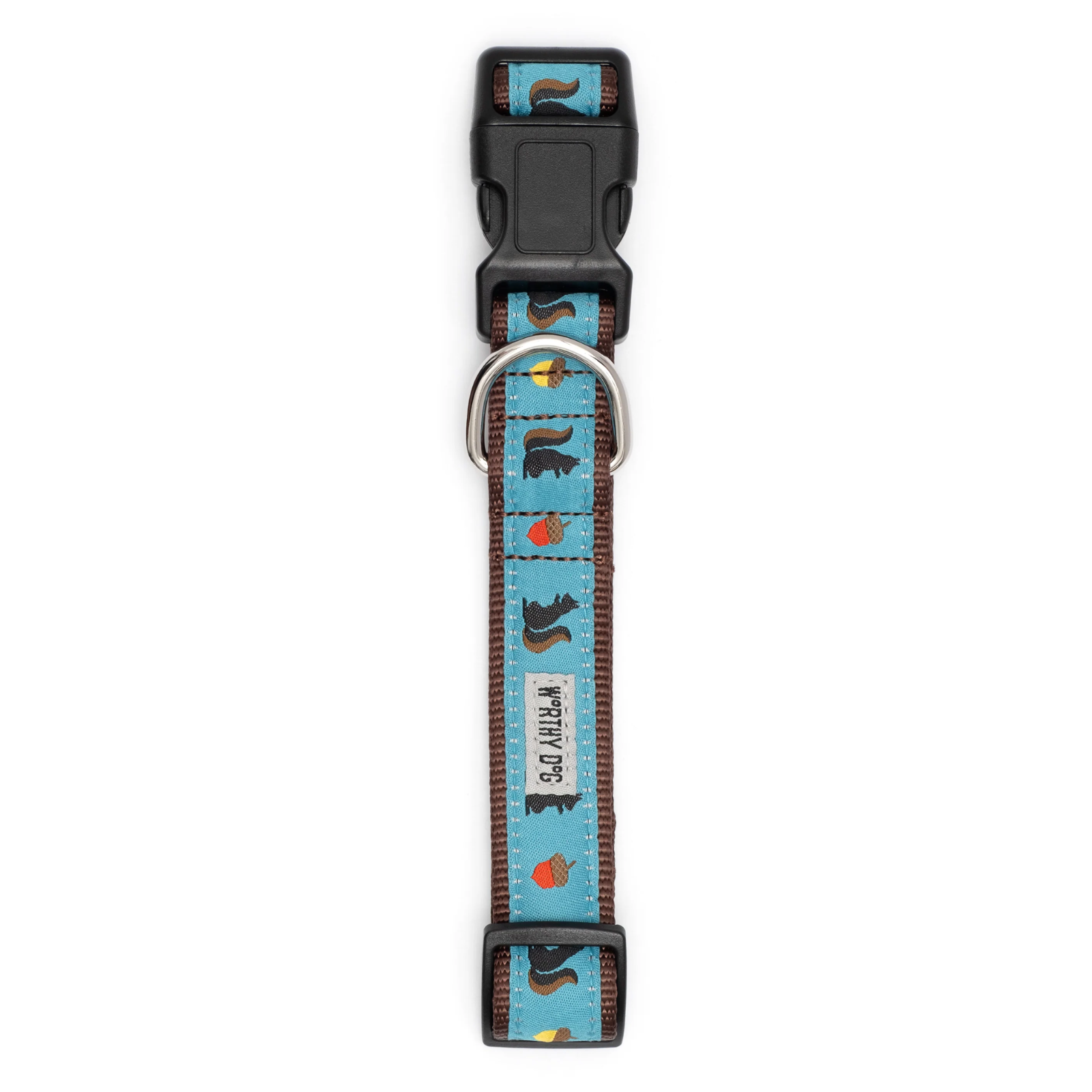 A dog collar with a light blue patterned strap featuring black bear silhouettes, small red and orange leaves, and a silver metal D-ring, shown on a plain white background.