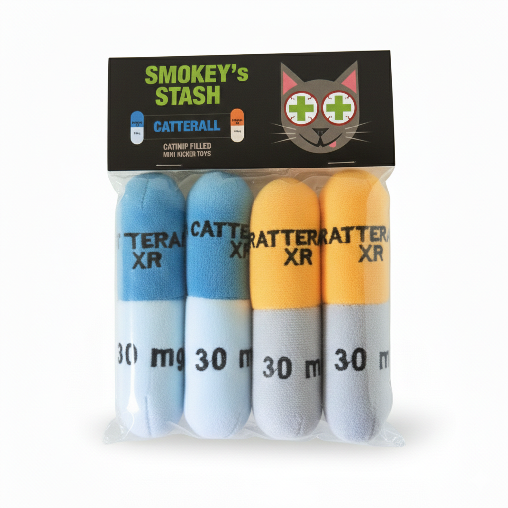 Packaged catnip toys with 'Smokey's Stash' branding on a white background