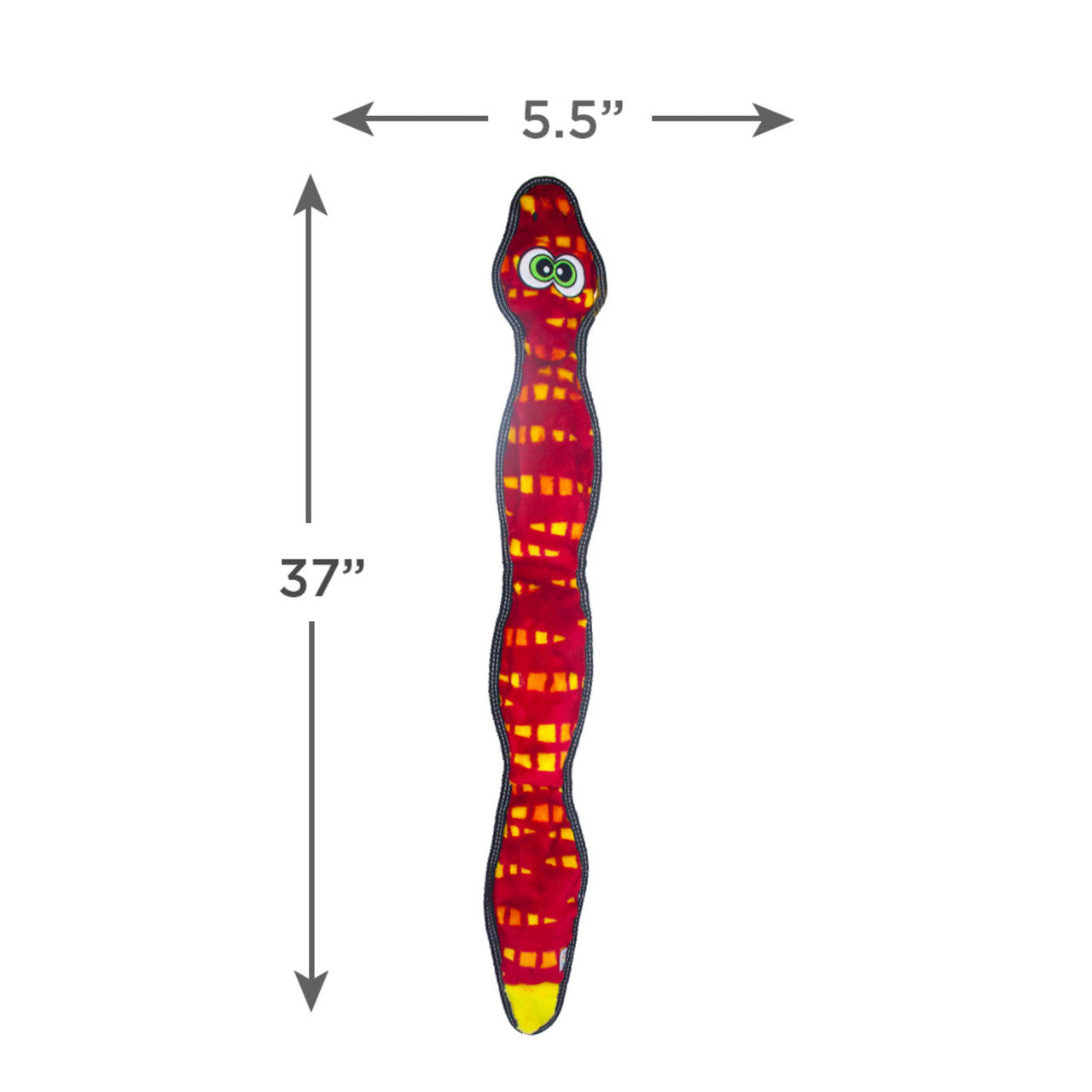 Colorful toy worm with dimensions labeled on a white background
