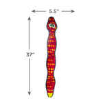 Colorful toy worm with dimensions labeled on a white background