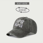 Gray cap with 'Fur Mama' text and paw print, size chart above on a light gray background