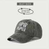 Gray cap with 'Fur Mama' text and paw print, size chart above on a light gray background