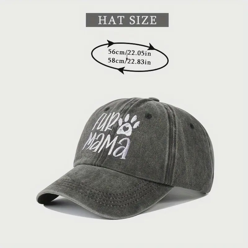 Gray cap with 'Fur Mama' text and paw print, size chart above on a light gray background
