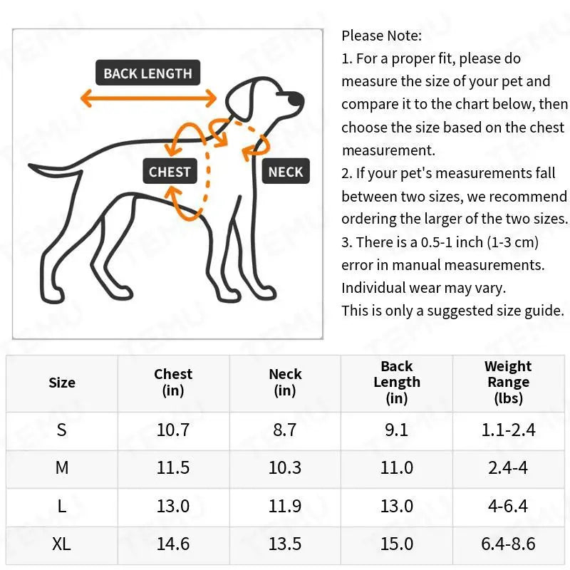 Dog size chart with measurements for chest, neck, back length, and weight range.