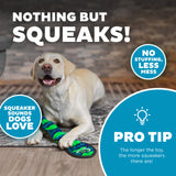 Dog playing with a squeaky toy with promotional text about the product's features.