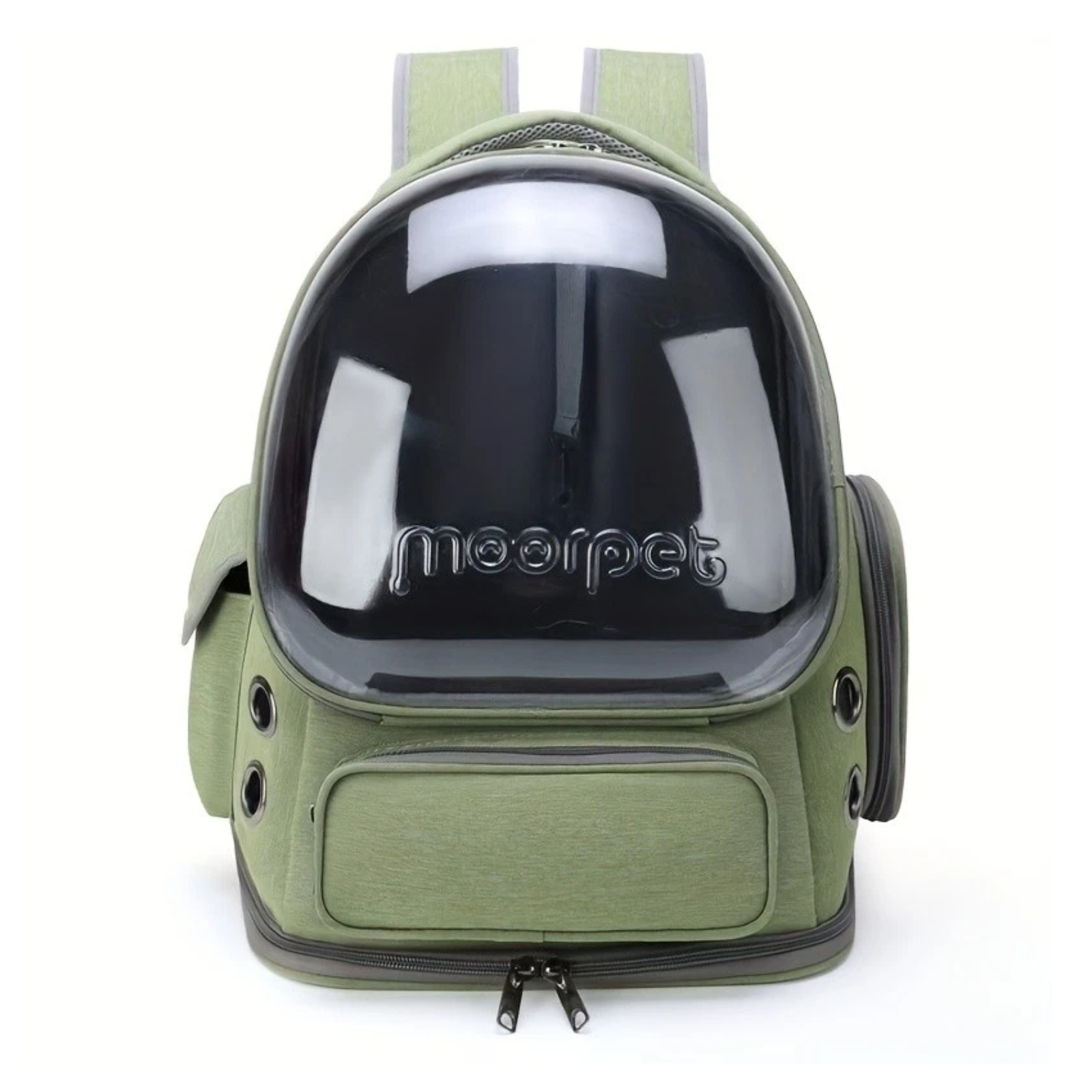 Green pet backpack with a transparent window on a white background