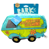A plush toy shaped like the Mystery Machine van from Scooby Doo, featuring turquoise and lime green colors with orange flowers and a blue hangtag that reads BARK.
