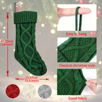 Green knitted Christmas stocking with measurements and fabric texture details on a festive background.