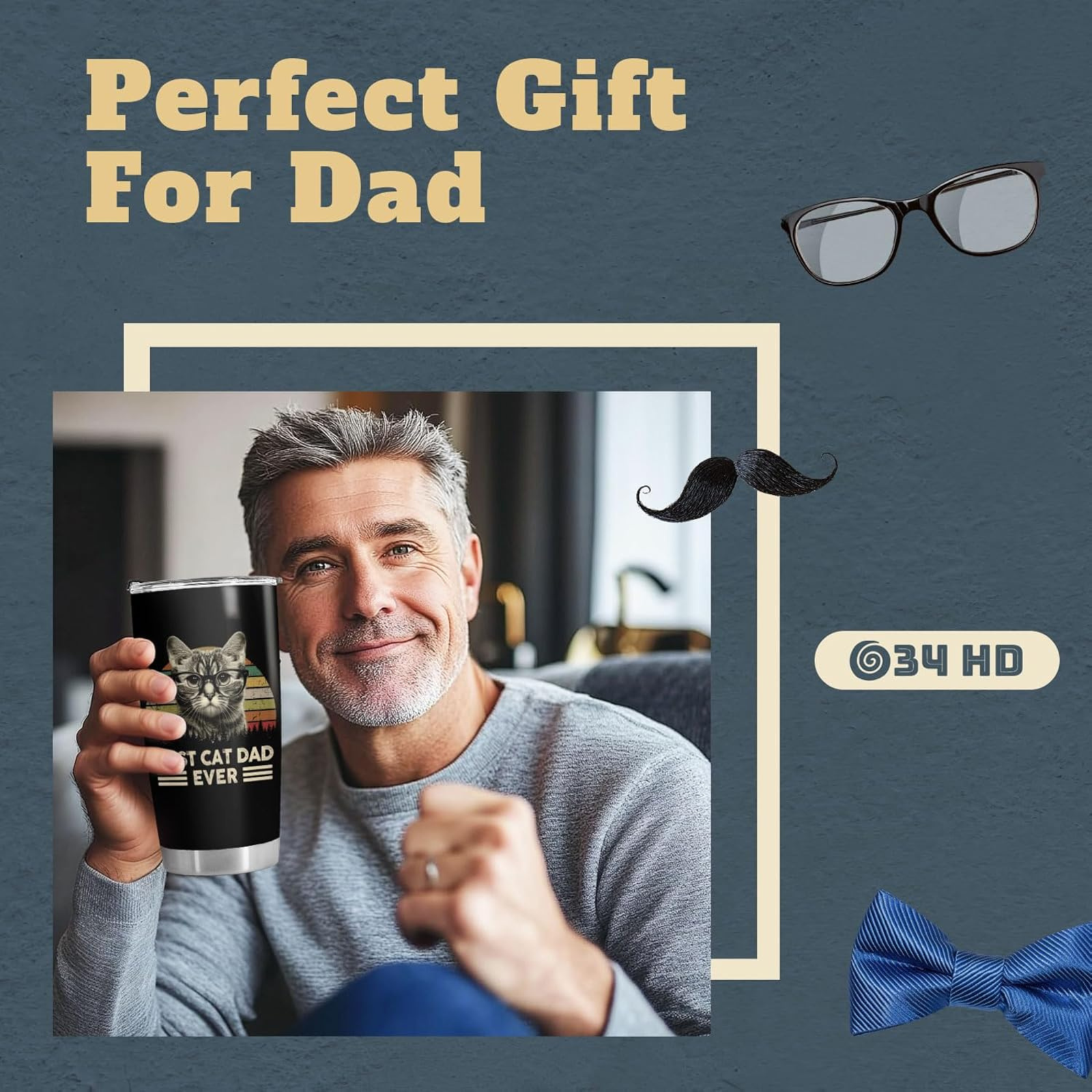 Man holding a mug with text, surrounded by decorative elements on a dark blue background.