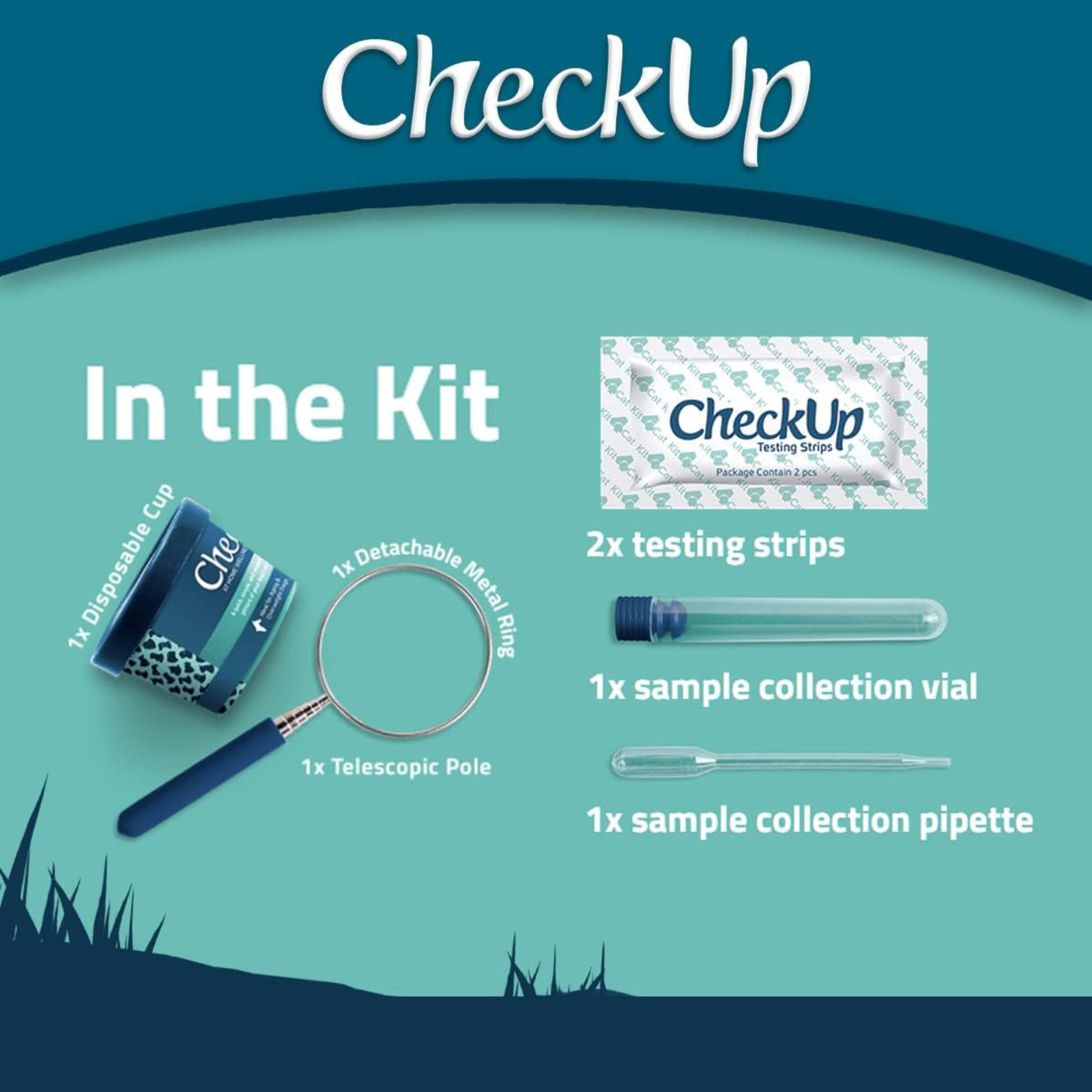 CheckUp home testing kit with components on a teal background