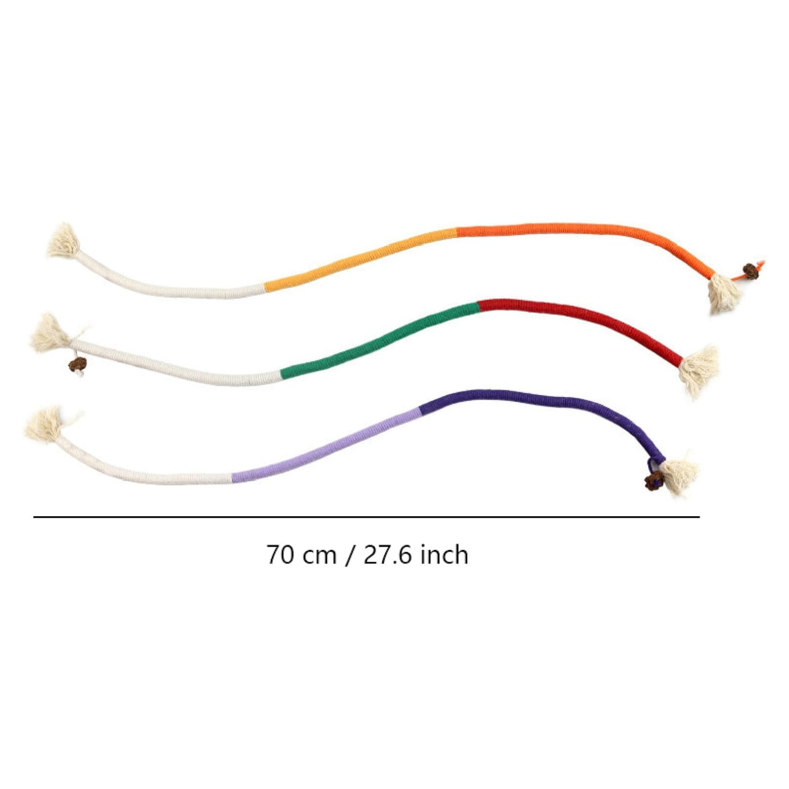 Set of colorful dog toys with a measurement label on a white background