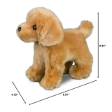 Plush toy dog with measurements on a white background