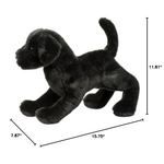 Black plush dog toy with measurements on a white background