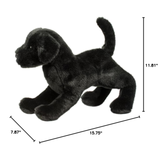 Black plush dog toy with measurements on a white background