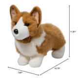 Plush corgi toy with measurements on a white background