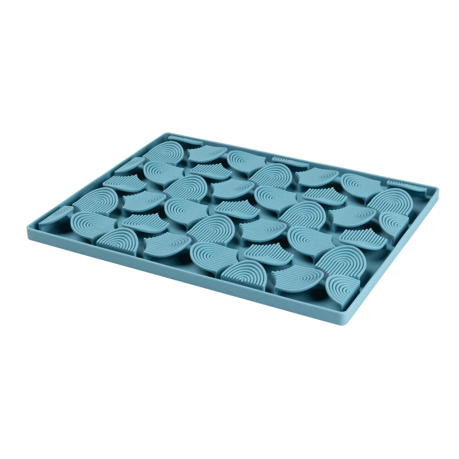 Blue silicone mold tray with wave patterns on a white background