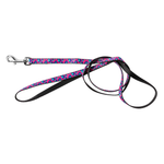 Dog leash with pink and blue pattern on a white background