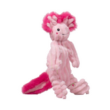 Pink plush toy with a tail on a white background