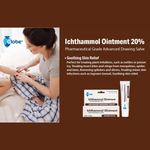 Advertisement for Ichthammol Ointment 20% with a woman applying it to her arm, Globe Pharmaceutical logo, and product packaging.