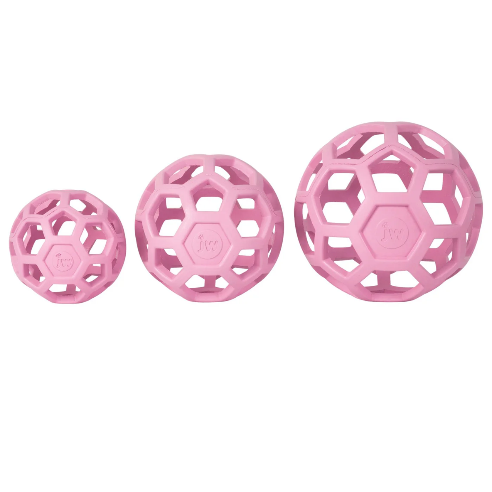 Three pink textured balls of different sizes on a white background