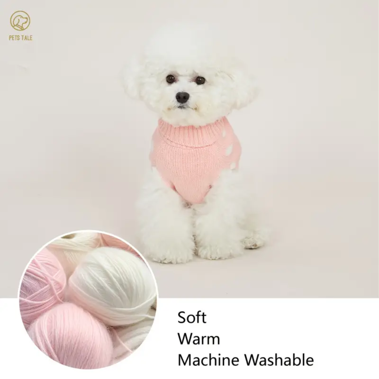 Dog wearing a pink sweater with yarn balls and text about softness, warmth, and machine washability.