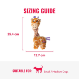 Giraffe-shaped toy with measurements and suitability for small to medium dogs on a white background
