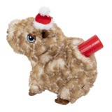 A brown and beige fluffy plush animal toy with a red and white Santa hat and a red cylindrical tail, shown on a plain white background.