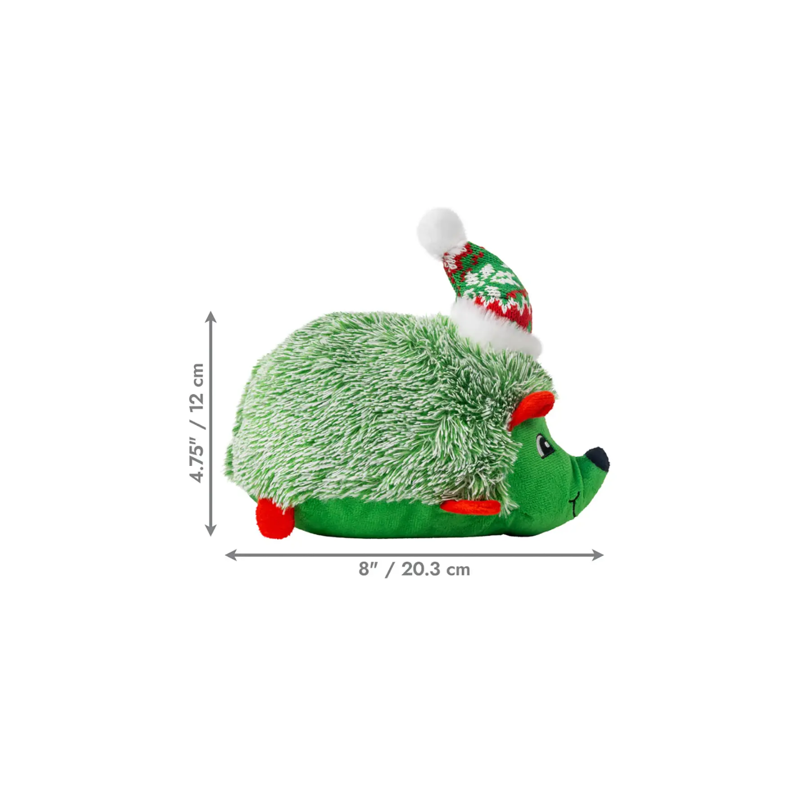 A green plush hedgehog toy with red accents and a red-and-white Santa hat, shown on a white background with dimension arrows indicating 8 inches wide by 4.75 inches high.
