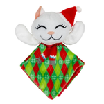 A white plush cat security blanket featuring a red Santa hat, embroidered closed eyes, and a red, green, and yellow argyle patterned scarf.