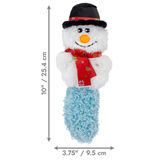 Snowman-shaped toy with dimensions indicated on a white background