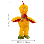 Yellow plush toy with a red bow tie and green shoes, showing measurements on a white background