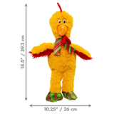 Yellow plush toy with a red bow tie and green shoes, showing measurements on a white background