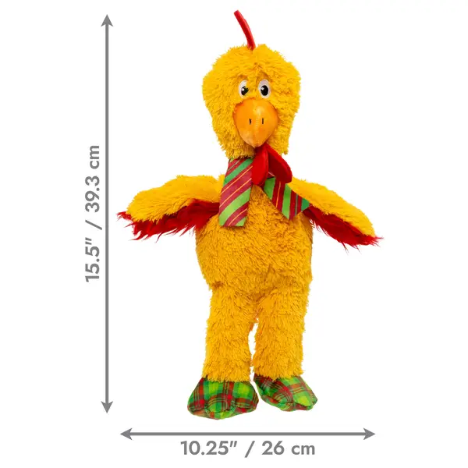 Yellow plush toy with a red bow tie and green shoes, showing measurements on a white background
