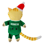 A plush toy shaped like a cat dressed as a robot, wearing a green KONG jumpsuit with white lettering and a red Santa hat with white trim, isolated on a white background.
