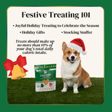 Dog wearing a Santa hat with a bag of treats and text about festive treating.
