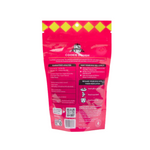 Pink packaging of a dog treat with text and graphics on a white background