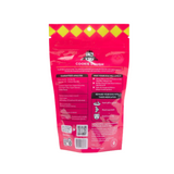 Pink packaging of a dog treat with text and graphics on a white background