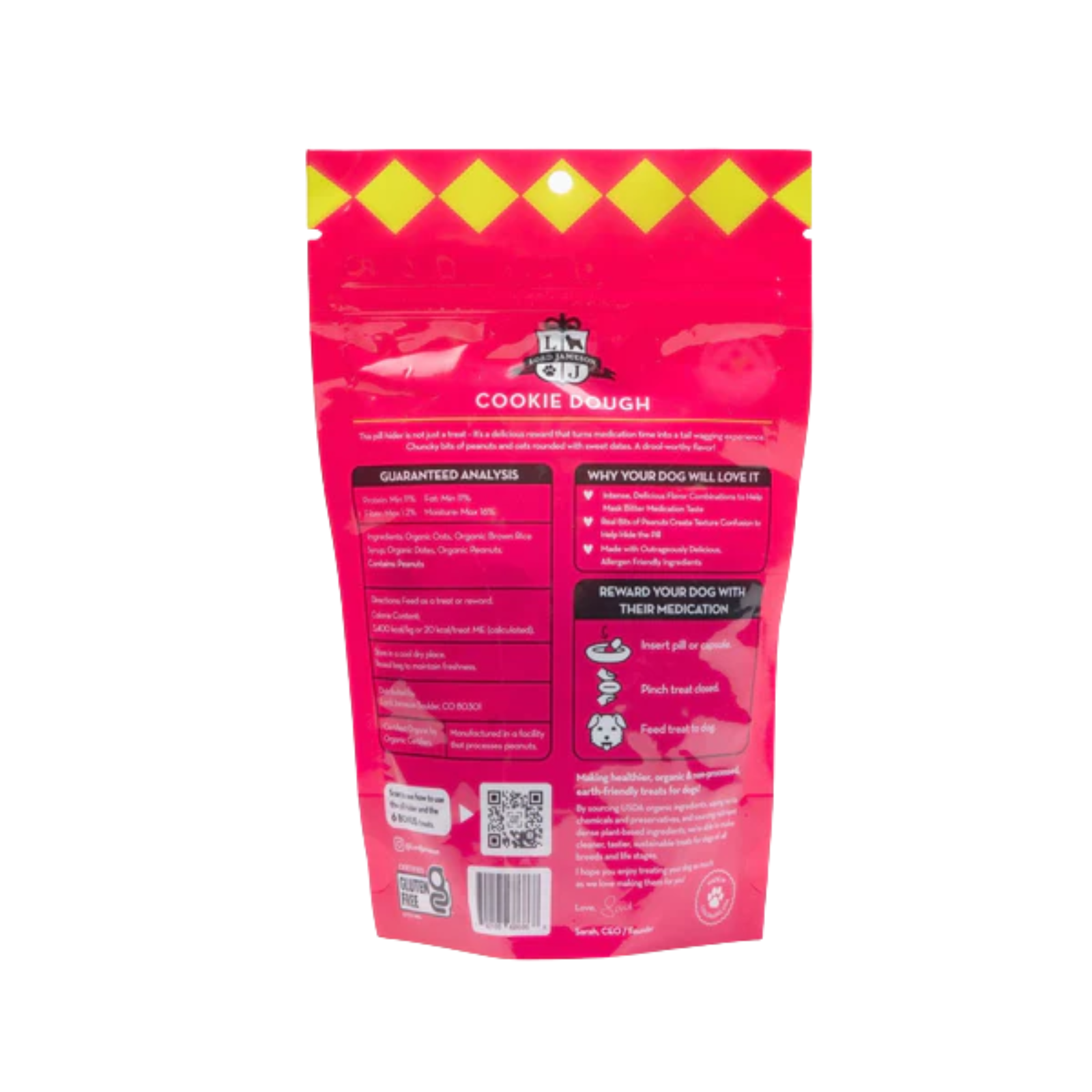 Pink packaging of a dog treat with text and graphics on a white background