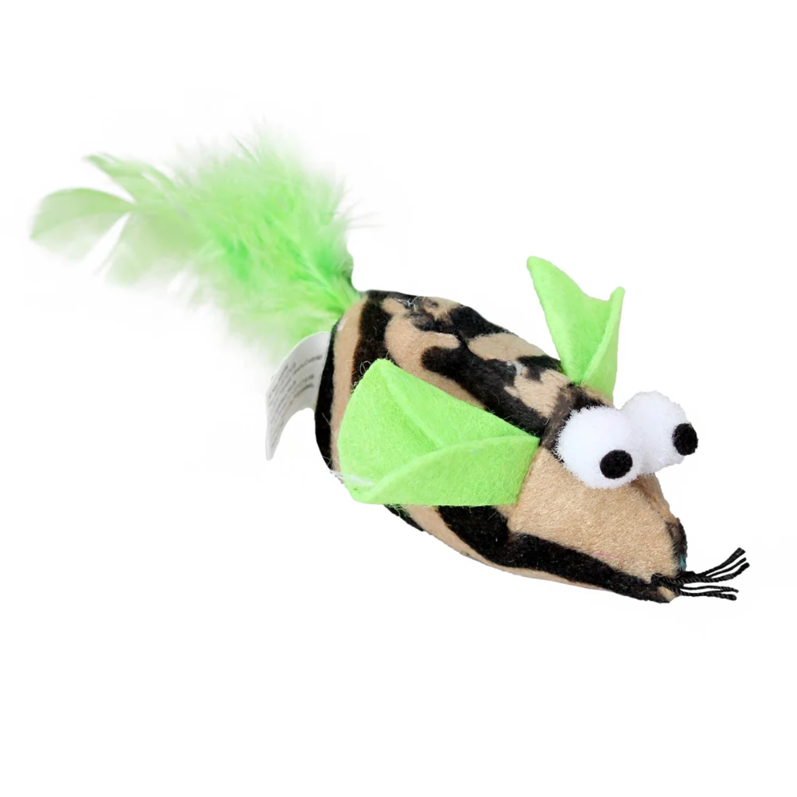 A plush cat toy shaped like a mouse, featuring a tan and black spotted body, bright green felt wings, a fluffy green tail, and large googly eyes.