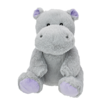 A plush hippo toy in light gray with lavender-purple inner ears and soles, photographed against a plain white background.