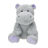 A plush hippo toy in light gray with lavender-purple inner ears and soles, photographed against a plain white background.