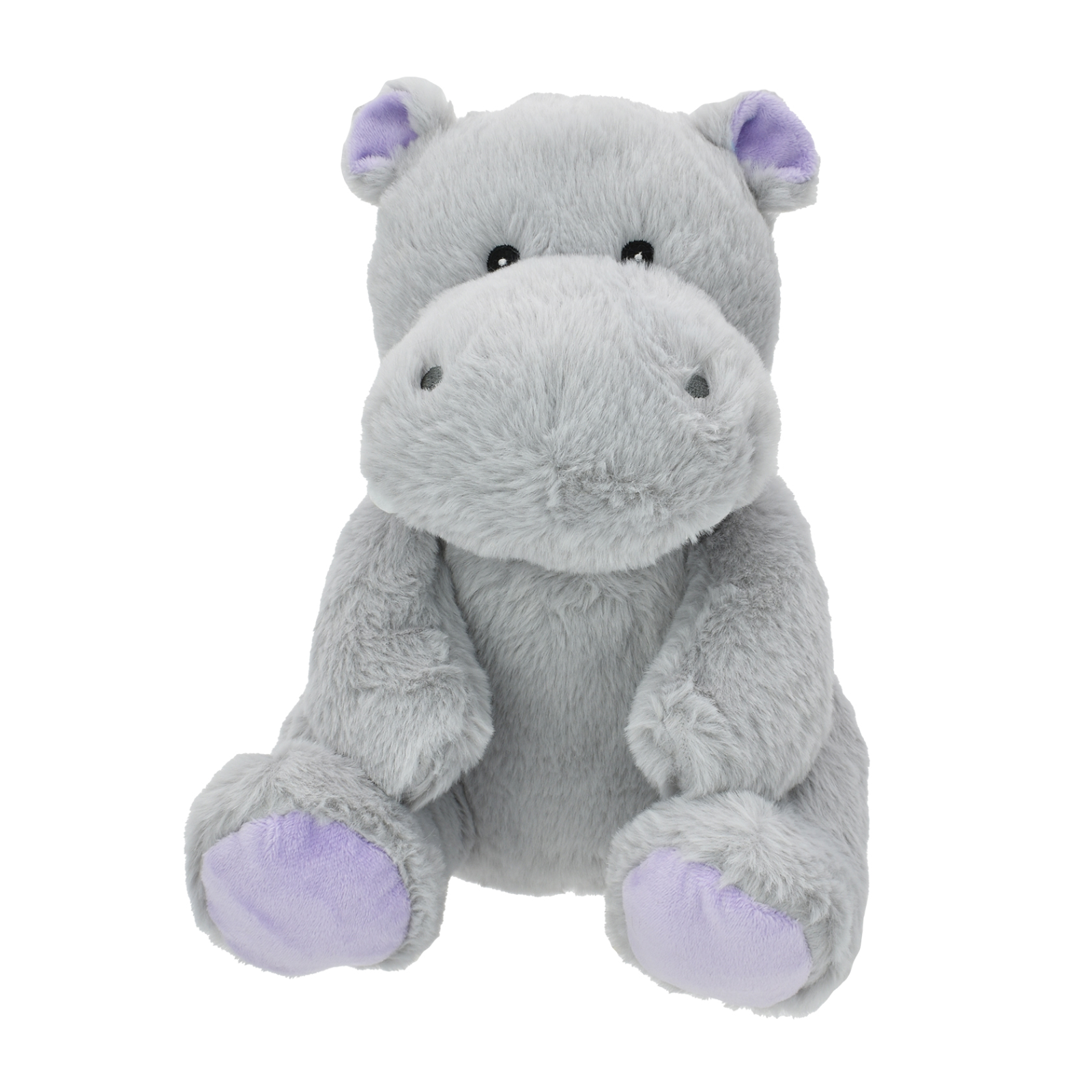 A plush hippo toy in light gray with lavender-purple inner ears and soles, photographed against a plain white background.