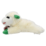 A plush sheep dog toy in cream white with green ears and paws, holding a small brown football, shown against a plain white background.