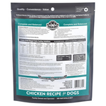 Dog food package with nutritional information and branding on a white background
