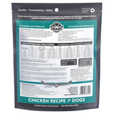 Dog food package with nutritional information and branding on a white background