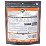 Back view of a dog food package with nutritional information and branding details.