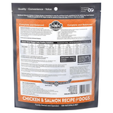 Back view of a dog food package with nutritional information and branding details.
