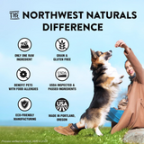 Advertisement for Northwest Naturals pet food with a woman and dog on grass, featuring their product benefits.