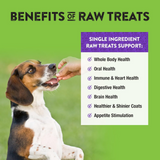 Dog receiving a raw treat with text about the benefits of raw treats on a green background